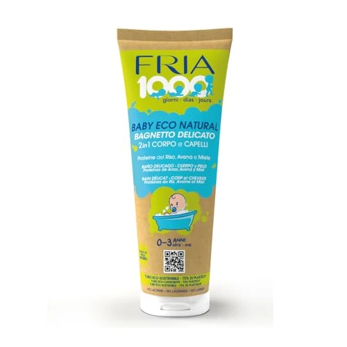 Fria 1000Giorni - Shampoo Bagnoschiuma Bambini e Neonati 2in1 Baby Eco Natural, Docciaschiuma Shampoo Bambini e Bagnetto Neonato Sicuro Testato su Pelli Sensibili con Proteine del Riso e Miele, 250 ml