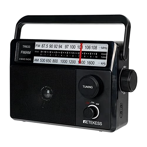 Retekess TR633 Radio Portatile, AM FM Radio,Transistore Radiolina Portatile, Jack per Cuffie,Con Altoparlante Grande, Semplice per anziani,Cucina,Per Camera da Letto(Nero)