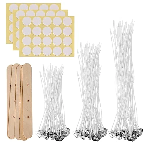 150 Piezas Mechas para Velas, 10 cm/15 cm/20 cm Mechas para Velas Algodón Natural, con Portamechas de Madera y Pegatinas de Mecha de Doble Cara, para Hacer Velas