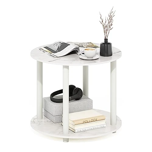 Limited-time offer: Furinno TURN-N-TUBE Coffee Table, 2-Tier Round Modern Coffee Table with Open Shelf, Toolless Assembly Side Table, for Living Room, Bedroom, Home Office, Marble White from 54.04 GBP to 54.04 GBP (save 0%)