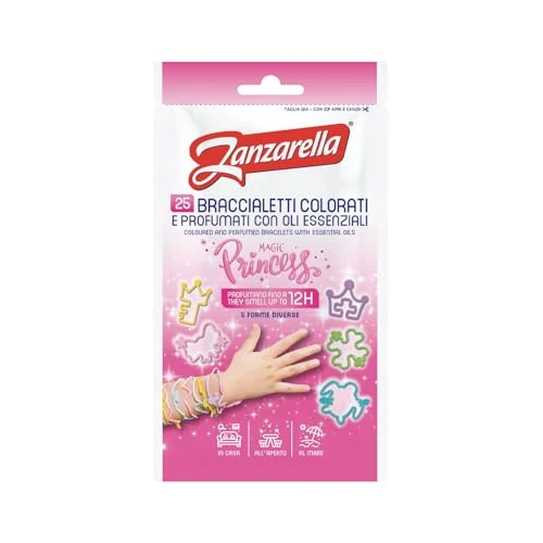 Zanzarella, 24 x 25 Magic Princess Mosquito Repellent Wristbands 100% Recyclable Silicone with Natural Oil Based Mosquito Repellent Active Up to 12 Hours with 5 Colourful Designs, One Size Fits All