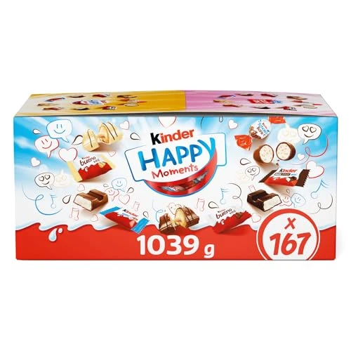 Kinder Chocolate Exclusive Happy Moments - Regalo de chocolate a granel, caja compartida, fiesta, oficina, chocolate surtido Kinder Chocolate, 167 piezas, 1 kg