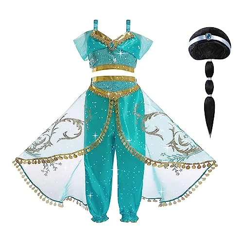 Offre limitee: ACWOO Deguisement de Princesse Jasmine pour Enfants Filles, Costume de Princesse Jasmine avec Accessoires de Perruque, Filles Princesse Costume Habillage, Noël Halloween Anniversaire Fête Cosplay de 23.99 EUR a 19.99 EUR (economie 17%)