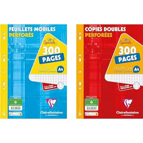 Offre limitée : Clairefontaine 11751AMZC Lot de 2 Paquets de Copies Perforées : 300 Pages FEUILLETS MOBILES + 300 Pages COPIES DOUBLES - A4 21x29,7 cm - Grands Carreaux - Papier Blanc 90 g de 12.06 € à 11.41 € (5% de remise)