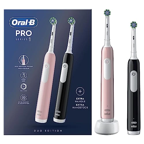 Oral-B Pro Series 1 elektryczna szczoteczka do zębów, dwupak, 2 końcówki, 3 tryby czyszczenia i czujnik ciśnienia do pielęgnacji zębów, zaprojektowana przez brązowy, różowy/czarny