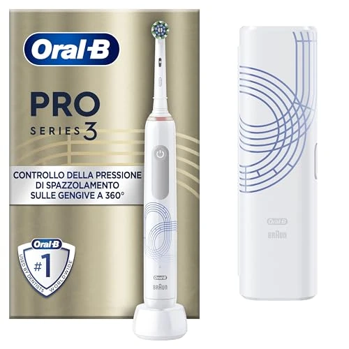 Oral-B Pro Series 3 Electric Toothbrush, 1 Replacement Brush, 3 Cleaning Modes and Visual 360° Pressure Control for Dental Care, Travel Case, Special Edition, Designed by Braun, White