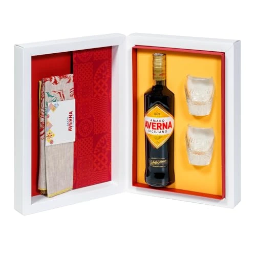 Averna Kit "Open Colors" Limited Edition: Amaro Averna 70 cl; 2 Bicchieri Firmati Averna, 1 Runner per Tavolo in Lino con Disegno a Mano
