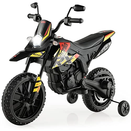 COSTWAY 12V Aprilia Moto Cavalcabile per Bambini, Motocicletta Elettrica con Ruote Ausiliarie e Musica Wireless, Sospensione a Molla, Moto Elettrica alla Moda per Bambini 3-8 Anni (Nero)