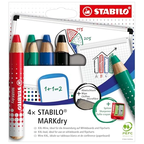 Oferta limitada: STABILO Marcador para pizarra blanca y pizarra de papel MARKdry - Estuche con 4 colores, sacapuntas y paño limpiador de 10.07 EUR a 10.07 EUR (ahorro 31%)