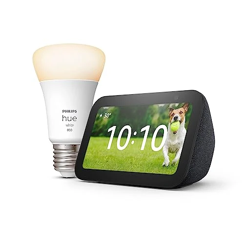 Oferta limitada: Echo Show 5 (3.ª generación) | Antracita + Philips Hue White Bombilla Inteligente (E27), compatible con Alexa - Kit de inicio de Hogar digital de 125.98 € a 124.99 € (ahorro 1%)