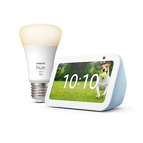 Echo Show 5 (3e génération) | Bleu-gris + Philips Hue White ampoule connectée (E27), Fonctionne avec Alexa - Kit de démarrage Maison connectée