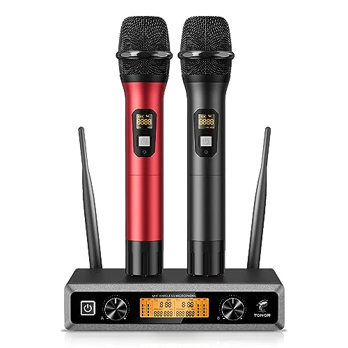 TONOR Microfono radio wireless UHF in metallo, professionale dinamico doppio microfoni senza fili, sistema mic a mano, set per karaoke, feste, DJ, chiesa, matrimonio, riunione, 60m, Nero e Rosso,TW820
