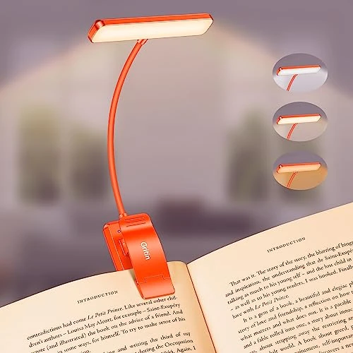 Gritin 19 LED Lampada Luce da Lettura per Libro, Luce per Lettura Libri a Letto con Clip Ricaricabile, 3 Temperature di Colore, Dimmerabile Senza Livelli, Lunga Durata, per Studio-Arancione