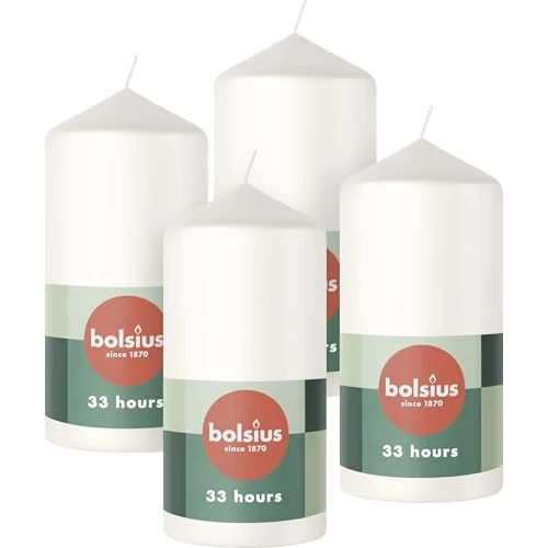 Limited-time offer: Bolsius Pillar Candles - White - 4-Pack - 4.7″ × 2.4″ - Decorative Household Candles - Long Burning Time of 33 Hours - Unscented - Includes Natural Vegan Wax - Without Palm Oil from 9.46 £ to 9.46 £ (save 0.00%)