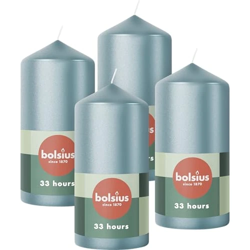 Bolsius - Velas Pilar - Velas decorativas para el hogar - 4 unidades - 12 x 6 cm - 33 horas de combustión - sin aceite de palma - color azul metálico