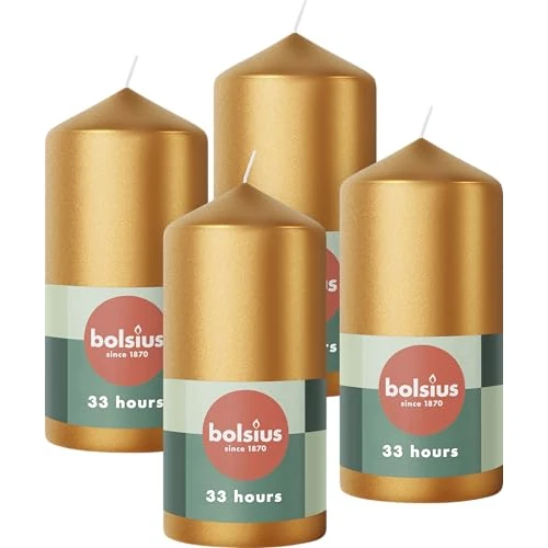 Limited offer: Bolsius Pillar Candles - Metallic Gold - 4-Pack - 12 x 6 cm - Long Burning Time of 33 Hours - Unscented - Includes Natural Vegan Wax - Without Palm Oil from 17.99 EUR to 10.69 EUR (save 41%)