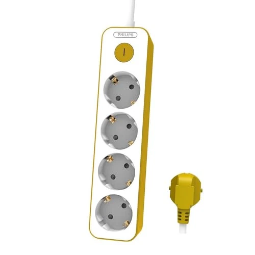 Offerta a tempo: Philips CHP2145Y - Ciabatta a 4 spine, colore: bianco/giallo, cavo da 1,5 metri, interruttore principale, chiusura di sicurezza automatica, indicatore LED di alimentazione - 0.00% da 8.99 € a 8.99 €