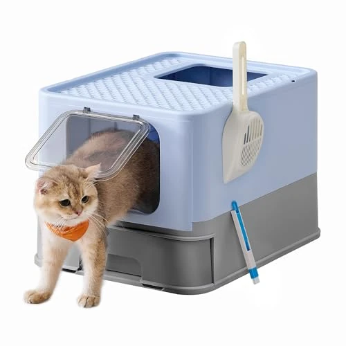 Feandrea Arenero para Gatos, Caja Arena con Bandeja Extraíble, Pala, Cepillo, Espacioso para Gatos Grandes, Carga de 15 kg, Antifiltración, Antiescapes, Azul Pálido y Gris Paloma PPT001Q01