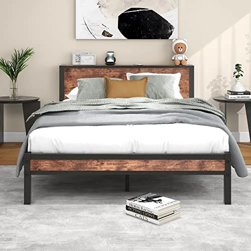 Offerta a tempo: Diahomy Struttura per letto king size, piattaforma in metallo, con testiera in legno, base per materasso, contenitore sottoletto, senza bisogno di molle, marrone, 208 x 150 cm - 0.00% da 88.02 € a 88.02 €