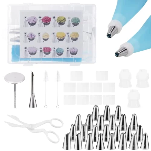 Offre limitee: Carehabi Lot de 34 douilles de décoration de gâteau, 2 douilles en acier inoxydable, 2 poches à douille réutilisables en silicone, pour gâteaux, cupcakes, cookies, pâtisseries de 11.99 EUR a 11.99 EUR (economie 0%)