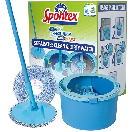 Offerta a tempo: Spontex Aqua Revolution System X'tra Set mop e secchio - Separa l’acqua sporca da quella pulita - Pulisce pavimenti in laminato, legno e piastrelle - Mop piatto con 2 x ricambi in microfibra - 34% da 52.90 € a 34.71 €