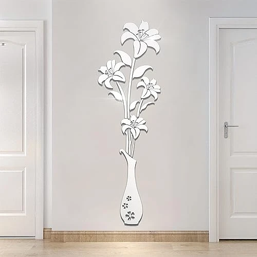 HNVNER Spiegel muurstickers - 3D bloem muurstickers muurschilderingen voor woonkamer slaapkamer, doe-het-zelf muren decor voor tv-achtergrond en bank achtergrond (L, spiegel zilver)