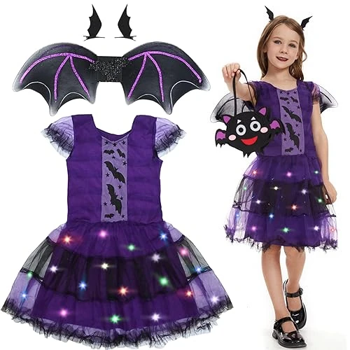 Limitiertes Angebot: Ulikey 6 Stück Mädchen Fledermaus Halloween Kostüm, Cosplay Hexe Mädchen Tutu Kleid, mit LED Rockfutter, Flügel, DIY Süßigkeiten Tüte und Haarspangen, für Halloween Karneval Fasching Mottoparty (M) von 6.99 EUR auf 6.99 EUR (Spare 0%)