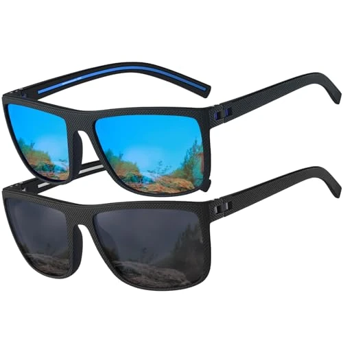 Perfectmiaoxuan Polarized Sunglasses Men Women Fashion Summer Holiday Outdoor Driving Fishing Light TR90 Unbreakable Frame UV400 Protection Square Sunglasses, 2 packs (black + blue)