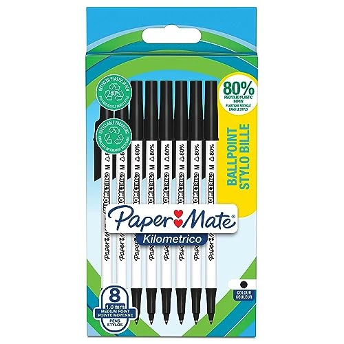 Limited-time offer: Paper Mate Kilometrico Ballpoint Pens | Long Writing with Medium Point (1.0mm) | Black Ink | 80% Recycled Plastic | 8 Count from $32.57 to $22.97 (save 29%)