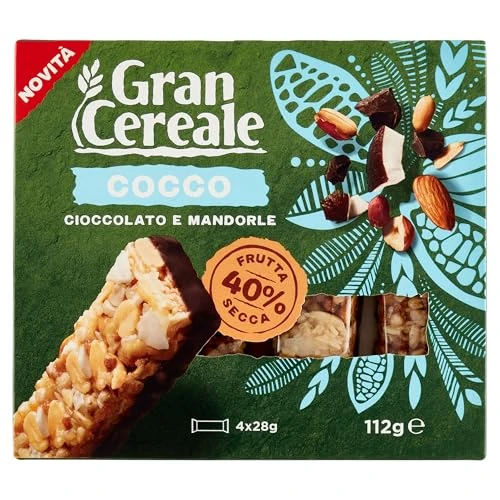 Gran Cereale - Snack Dried Fruit Bars with Chunks of Coconut, Chocolate and Almonds - Breakfast and Sweet Snack, Pack of 4 Bars, 112 g