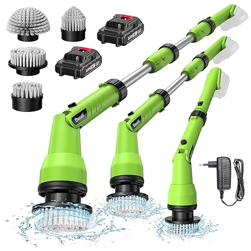 Elektrische Reinigungsbürste mit 2 ersetzbare Akkus, 1000 RPM Akku Spin Scrubber mit 4 Austauschbaren Bohrbürstenköpfen, Duschreinigungsbürste mit Verstellbarem Griff und Kopf(0°& 45°)