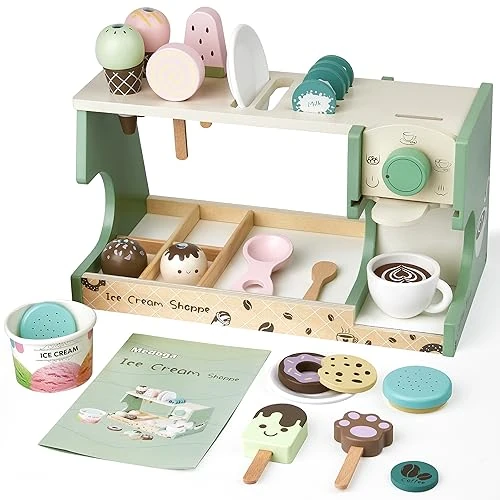 Oferta ograniczona: Drewniana zabawka do lodów 3 w 1, z ekspresem do kawy, 28 sztuk, dla małych dzieci, akcesoria kuchenne dla dziewczynek lub chłopców w wieku 3, 4, 5, 6 lat, (lody) z 235.67 EUR na 235.67 EUR (znizka 0%)
