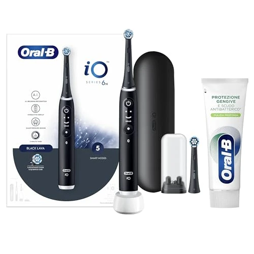 Offerta a tempo: Oral-B iO 6 Spazzolino Elettrico, 1 Testine di Ricambio, Custodia, Nero - 1 Testine di Ricambio per Spazzolino Elettrico, Ricaricabile, Custodia + Dentifricio Protezione Gengive e Scudo Antibatterico - 21% da 140.00 € a 109.99 €
