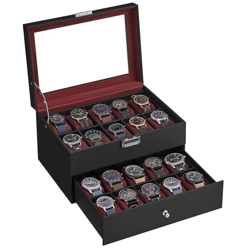 Offerta a tempo: SONGMICS Porta Orologi, Scatola Portaorologi a 2 Livelli, Coperchio in Vetro, con Cuscinetti Rimovibili, Idea Regalo, Superficie in PU Nera, Interno Rosso Bordeaux JWB020R01 - 36% da 52.99 € a 33.99 €