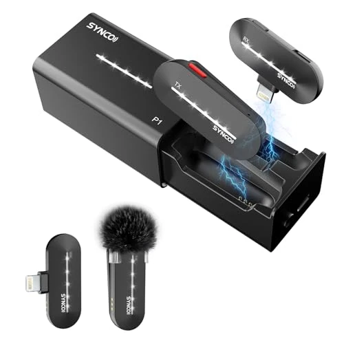 SYNCO Bezprzewodowy mikrofon z klapką do iPhone'a, P1SL Bezprzewodowy mikrofon krawatowy do iPada z etui ładujące【Certyfikat MFi】, Mikrofon-klapka-bezprzewodowy-bezprzewodowy-iPhone