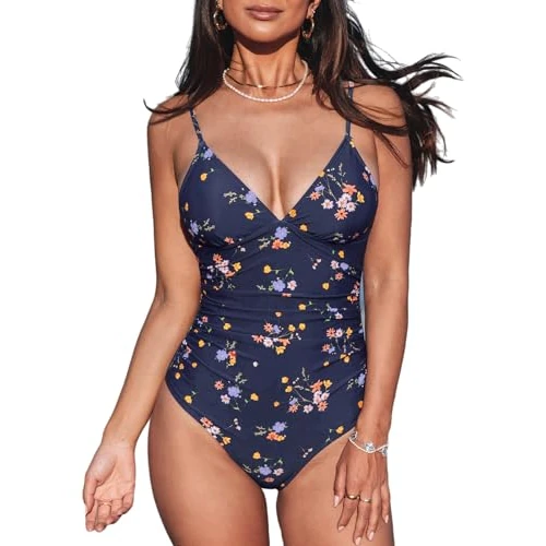 Zeitlich begrenztes Angebot: CUPSHE Damen Badeanzug V Ausschnitt Bauchweg Raffungen Triangelkörbchen Blumenmuster Einteilige Bademode Swimsuit Marineblau mit Blumenmuster M von 44.99 € auf 44.99 € (0.00% Rabatt)