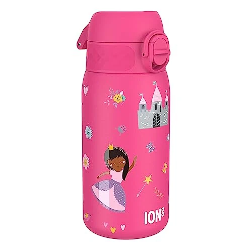 ion8 Kinder Trinkflasche, Edelstahl Leicht 400ml, Nicht Isoliert, Auslaufsicher, Einhandöffnung, Sichere Verriegelung, Spülmaschinenfest, Klappdeckel, Tragegriff, Leicht zu Reinigen, Prinzessin