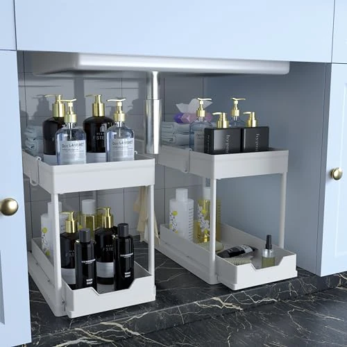 Limited offer: DEKAVA Cabinet, 2 Pack Under Sink Organizer, 2 Tier Sliding Bathroom Kitchen Organizer, Large White ABS Baskets, Easy Install & Clean from 29.99 EUR to 23.99 EUR (save 20%)