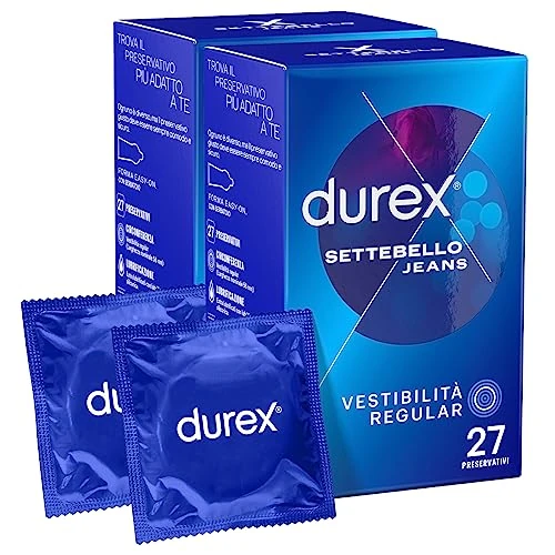 Offerta a tempo: Durex Settebello Jeans Preservativi Uomo in Lattice di Gomma Naturale Trasparenti Extra Lubrificati con Forma Easy-On e Serbatoio Vestibilità Regular Spessore Medio - 2 Confezioni da 27 Profilattici - 8% da 33.99 € a 31.19 €