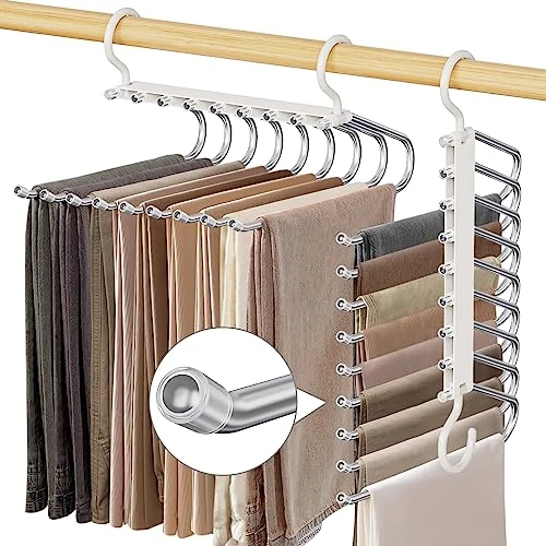 Offerta a tempo: WEKIWGOT 9 in 1 Grucce Pantaloni, 2 Pezzi Appendino Multifunzionali a Cremagliera Salvaspazio per Organizzare Armadi, Pantaloni per Donne e Uomini, Jeans, Reggiseni, Sciarpe e Cravatte (Bianco) - 10% da 25.99 € a 23.39 €