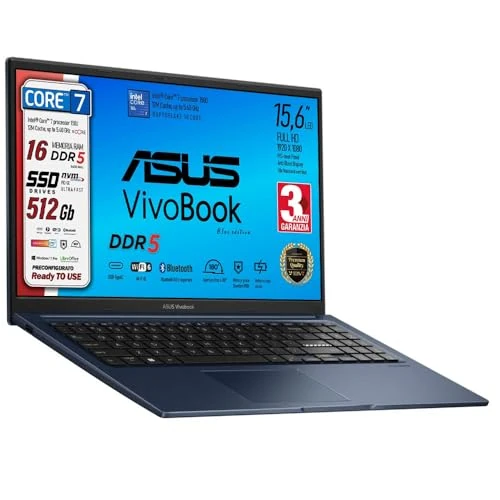 ASUS Komputer przenośny, Intel i7 1165g7, Ram 24 Gb, SSD pci 512 Gb, 15,6" FHD, Hdmi, bt, kamera internetowa, Wi-Fi, 4 Usb, Bt, Win 11 Pro, Suite Office, Włoska klawiatura, wstępnie skonfigurować , Gwarancja I. talia