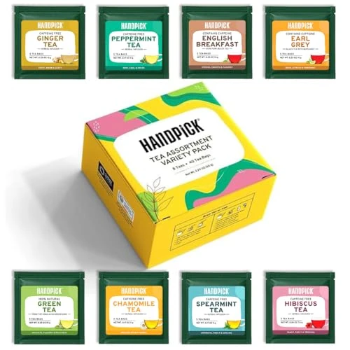 Limited-time offer: HANDPICK, Tea Bags Sampler Assortment Variety pack Gift Box 8 Flavors, 40 Tea Bags - Perfect Variety | Herbal Tea, English Breakfast, Green, Black & More | Gifts for Him/Her from 5.99 £ to 4.54 £ (save 24%)