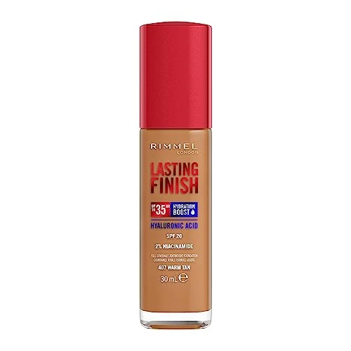 Offerta a tempo: Rimmel London Lasting Finish 35 Hour, fondotinta, lunga durata, idratante, formula vegana, copertura totale, 30 ml, 407 Warm Tan - 47% da 12.19 € a 6.40 €