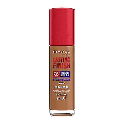 Offerta a tempo: Rimmel London Lasting Finish 35 Hour, fondotinta, lunga durata, idratante, formula vegana, copertura totale, 30 ml, 450 Caramel - 26% da 7.50 € a 5.54 €