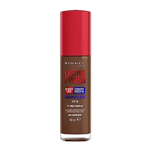 Rimmel Lasting Finish 35Hr Foundation 605 Hazelnut, volle Abdeckung, feuchtigkeitsspendend, LSF20, Hyaluronsäure, Vitamin E, 2% Niacinamid, ganztägig, vegan, tierversuchsfrei