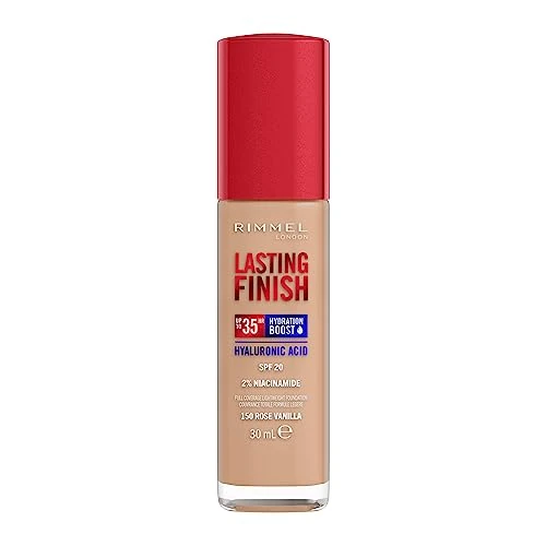 Rimmel London Lasting Finish jusqu'à 35h,150 Rose Vanilla, fond de teint, longue tenue, hydratant, formule vegan, couvrance totale, 30 ml