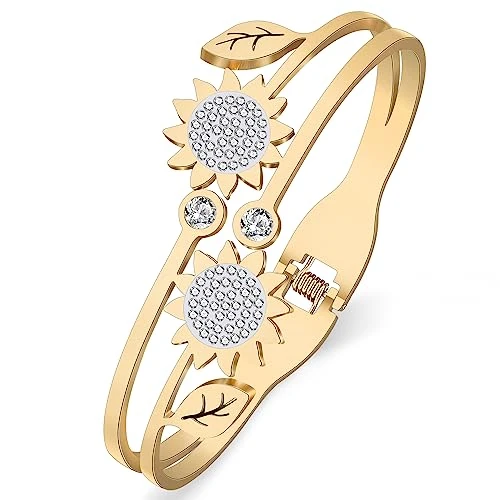 RAIDIN Gold Armreif Armband für Damen Mädchen 18K Gold plattiert Edelstahl zierlich Strass Kristall Akzent Blatt Manschette Armbänder Modeschmuck für Geschenke (Gold-067 Sonnenblume)