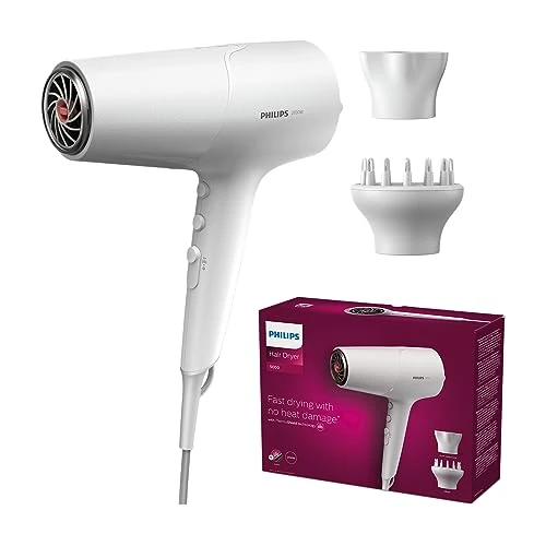 Philips 5000 Series - sèche-cheveux, technologie ThermoShield, ionique, 2 100 W, blanc, avec concentrateur et diffuseur de volume, modèle BHD500/20