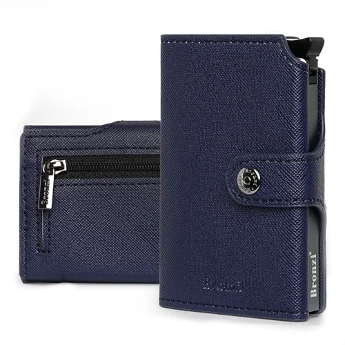 Bronzi Cartera cartera hombre Slim – De piel marrón – Porta tarjetas de crédito – Tarjetero hombre – Mini portatarjetas, Saffiano Azul Oscuro Marino, Talla única, Minimalista