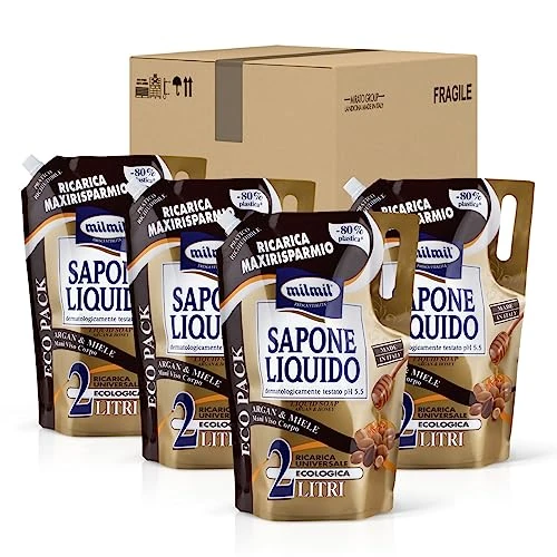 Milmil Mydło w płynie, Zapach Argan & Miód, Uniwersalne Ładowanie Maxisavo, Dermatologicznie testowane pH 5.5-4 x 2000 ML